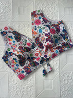 Printed Silk V-Neck Blouse with Back Cut-Out & Tussels