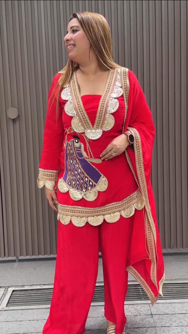 Festive Rani Pink Kurta Set with Peacock Embroidery & Gota Work
