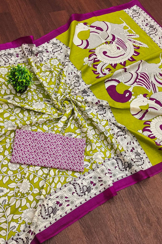 Woman's Kalamkari Hand Block Print Saree with Mulmul Cotton