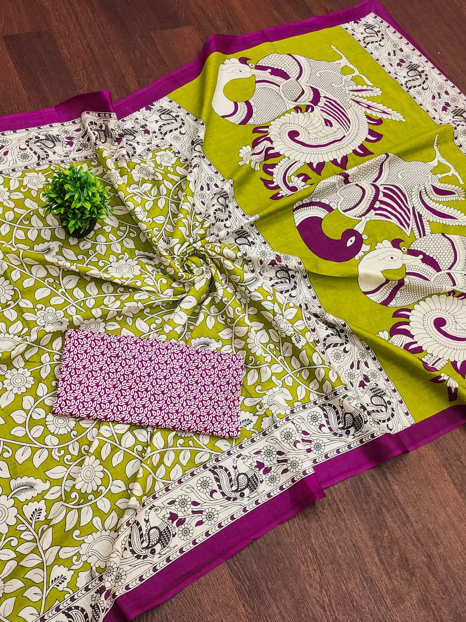 Woman's Kalamkari Hand Block Print Saree with Mulmul Cotton