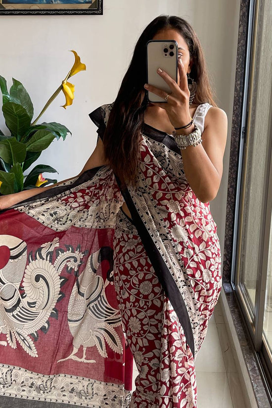 Woman's Kalamkari Hand Block Print Saree with Mulmul Cotton