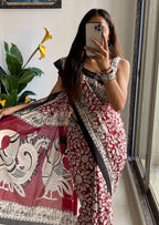 Woman's Kalamkari Hand Block Print Saree with Mulmul Cotton