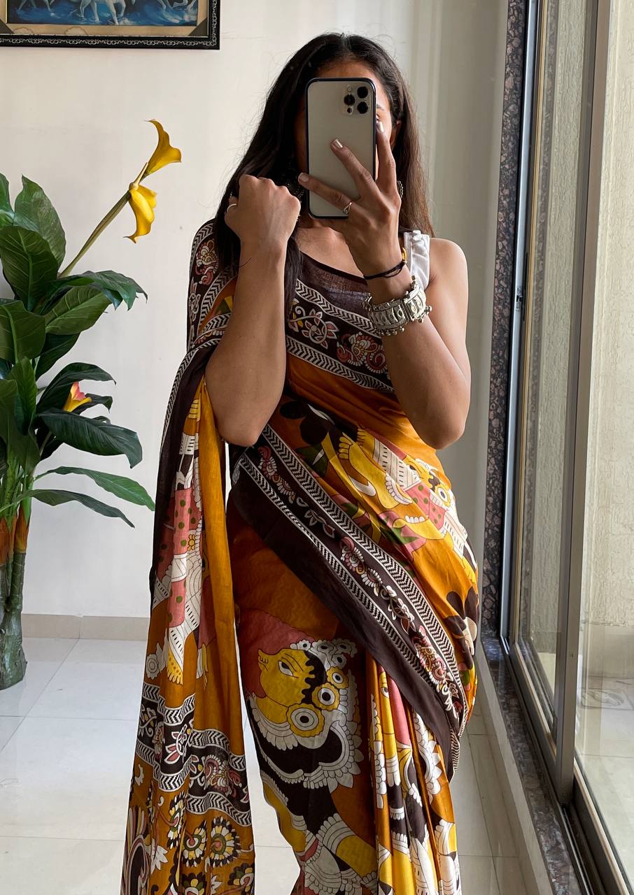 Trendy Mulmul Cotton Kalamkari Hand Block Print Saree