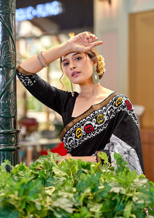 Elegance Mulmul Cotton Zari Border Printed Saree