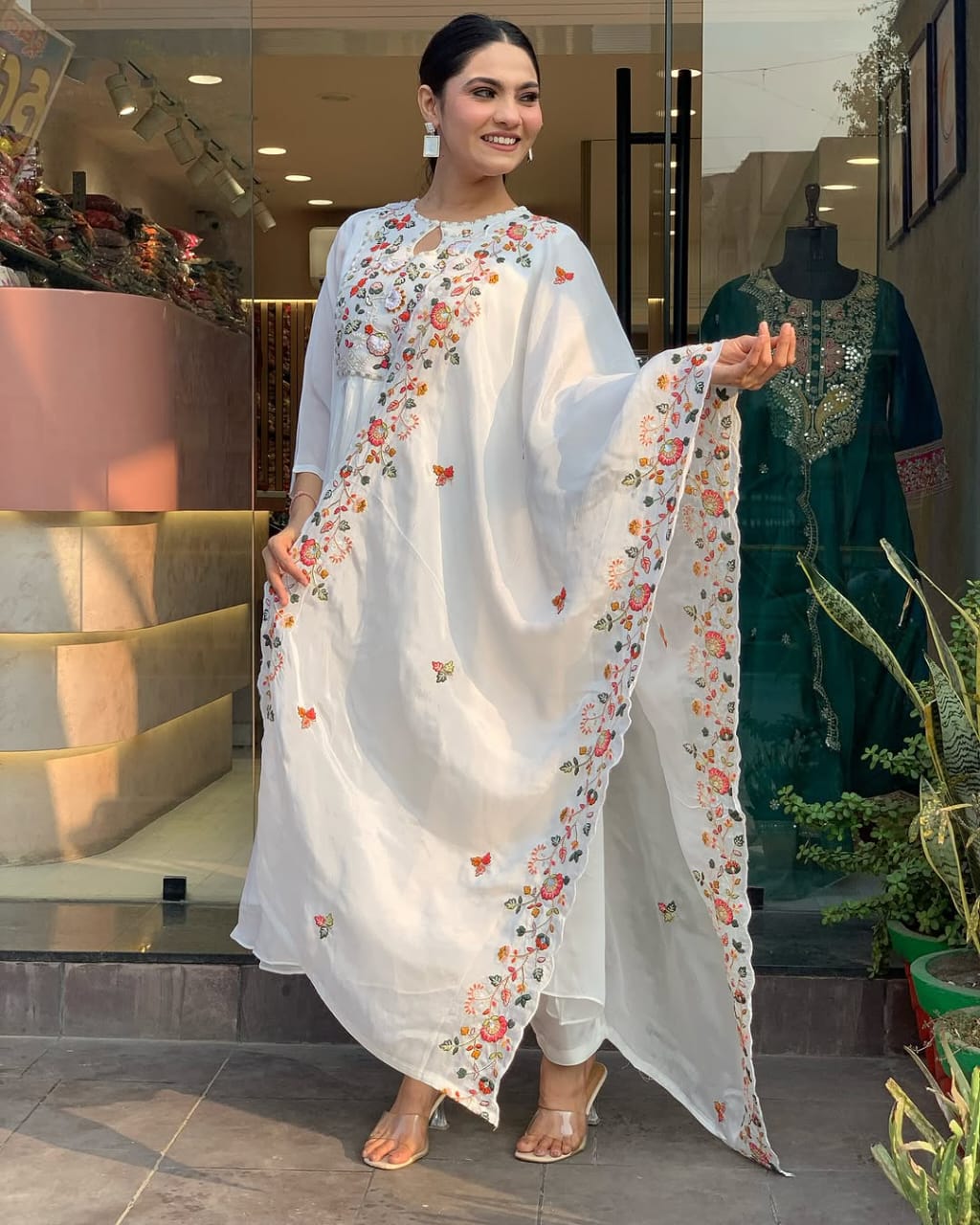 White Embroidered Cotton Silk Kurta Set with Dupatta Set