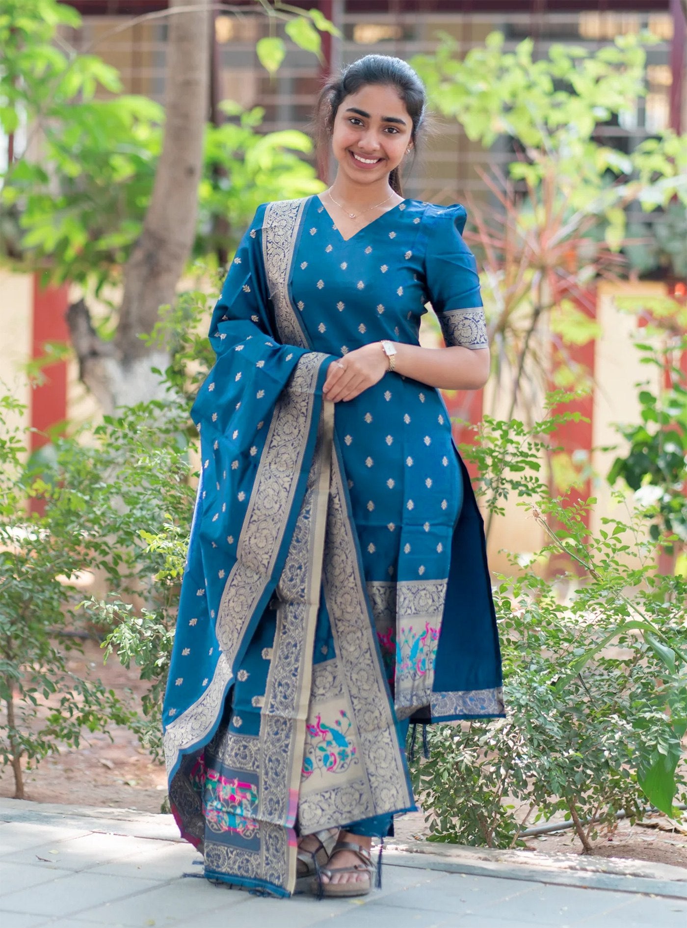Traditional Jacquard Kurta with Pant and Dupatta Set