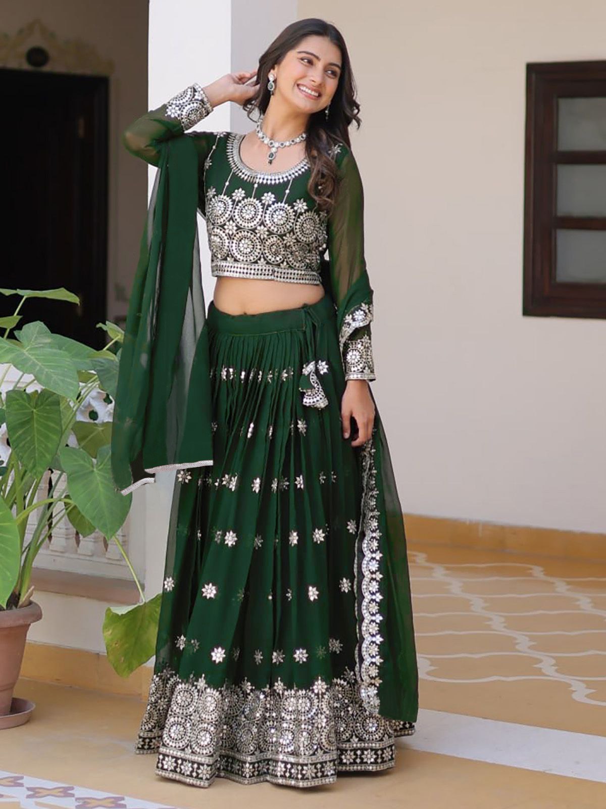 Georgette Semi-Stitched Lehenga with Thread Work & Embroidered Dupatta Set