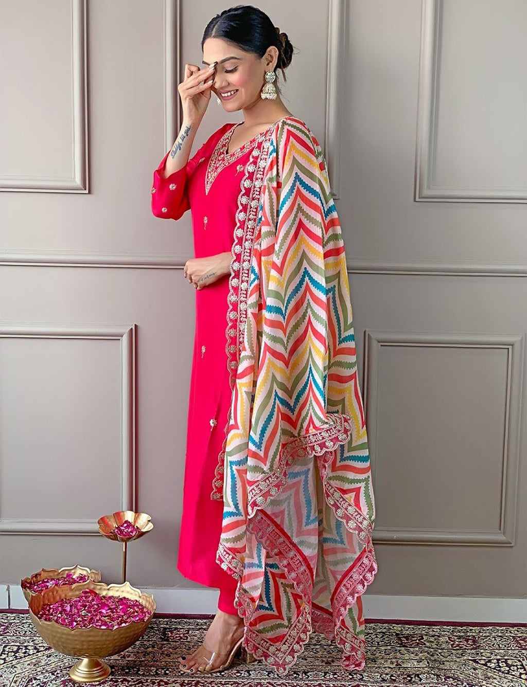 Women's Embroidered Cotton Silk Kurta Set with Dupatta Set