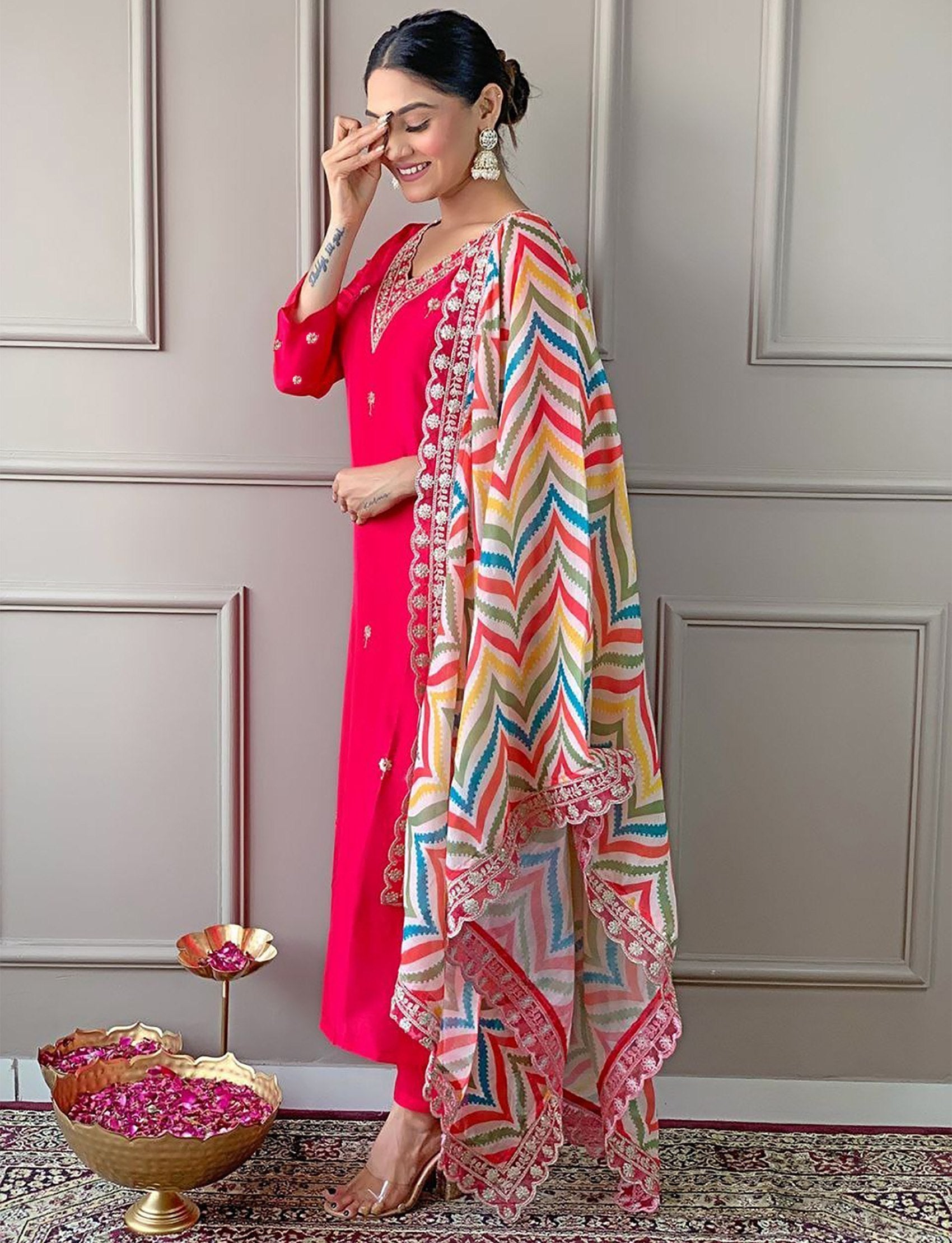 Women's Embroidered Cotton Silk Kurta Set with Dupatta Set