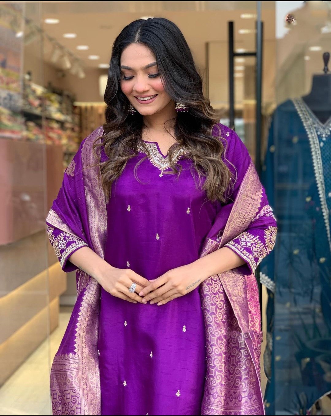 Purple Chinnon Embroidered Kurta with Pant and Dupatta Set