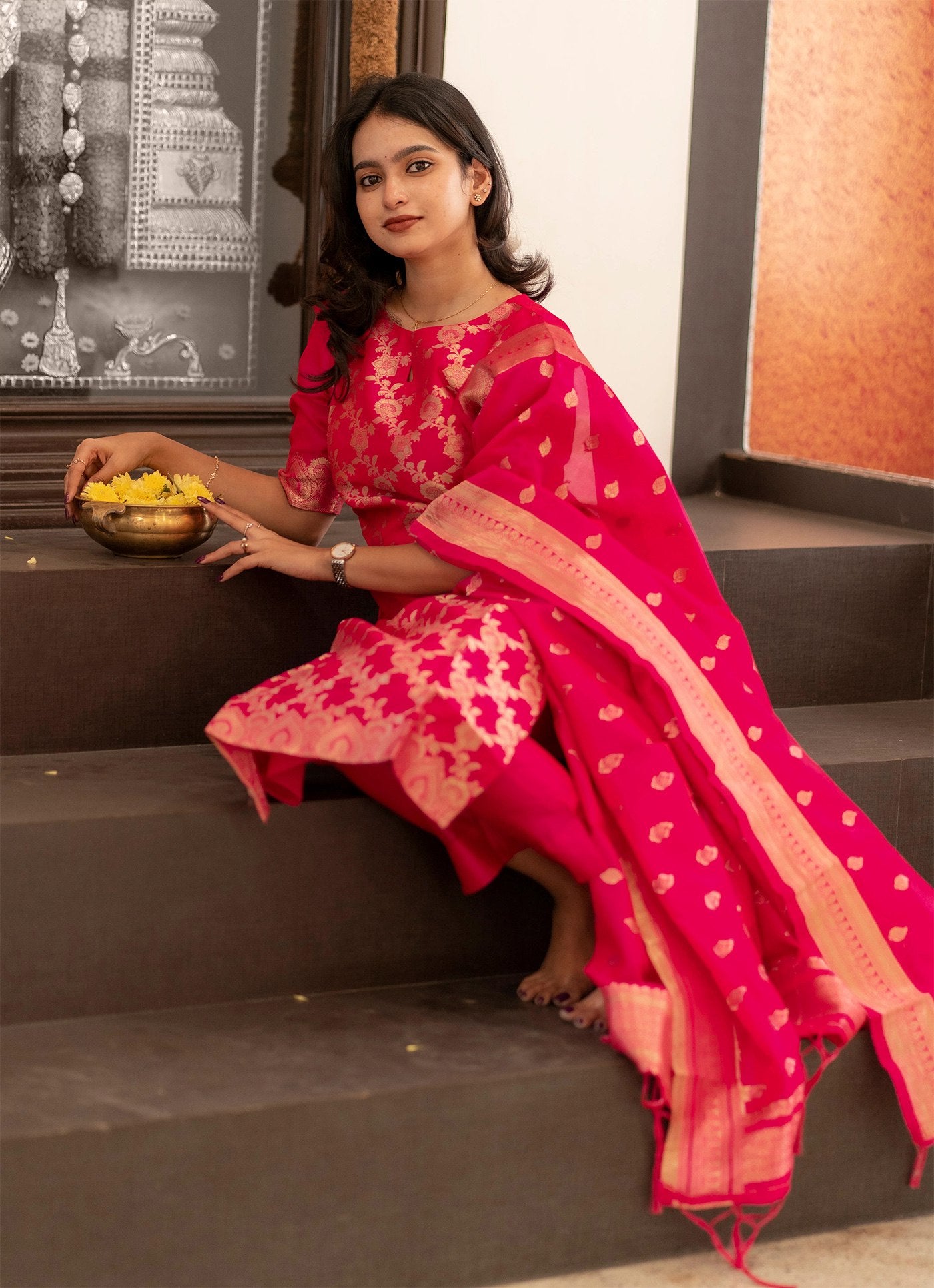 Pink Jacquard Embroidered Kurta with Pant and Dupatta Set