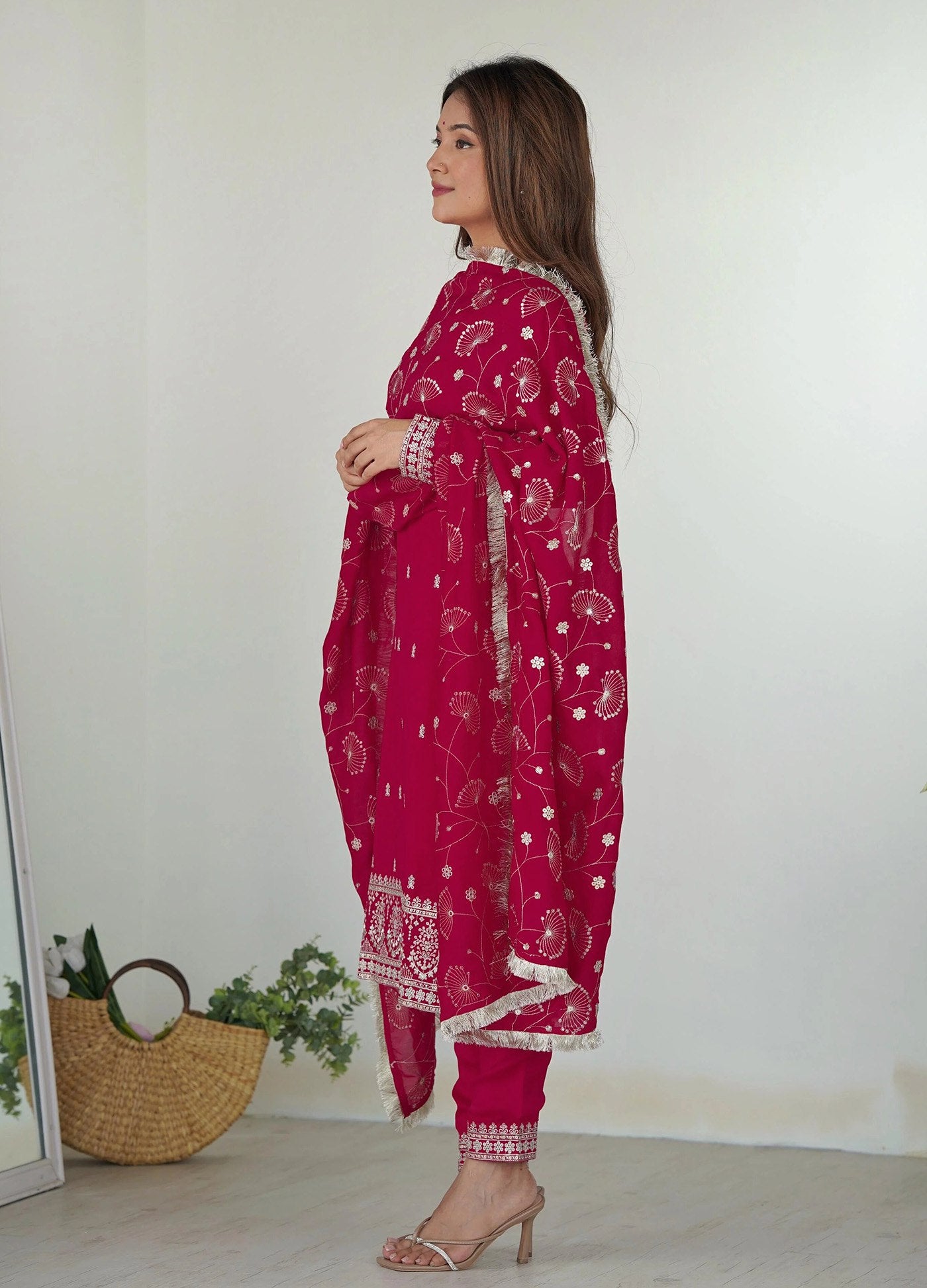 Georgette Embroidered Pink Kurta with Pant and Dupatta Set