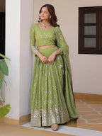 Mehendi Georgette Embroidered Sequins Lace Lehenga with Dupatta Set