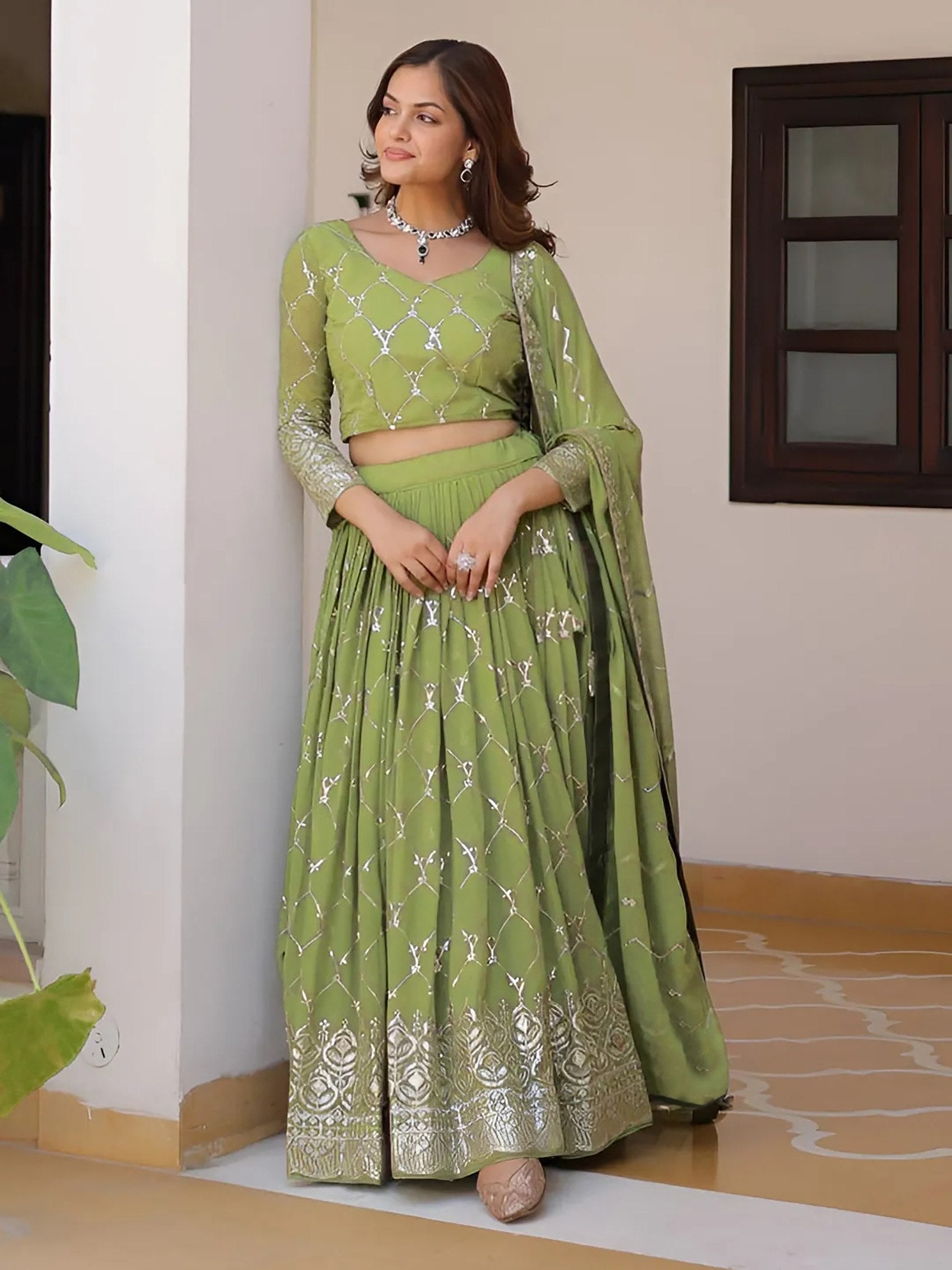 Mehendi Georgette Embroidered Sequins Lace Lehenga with Dupatta Set