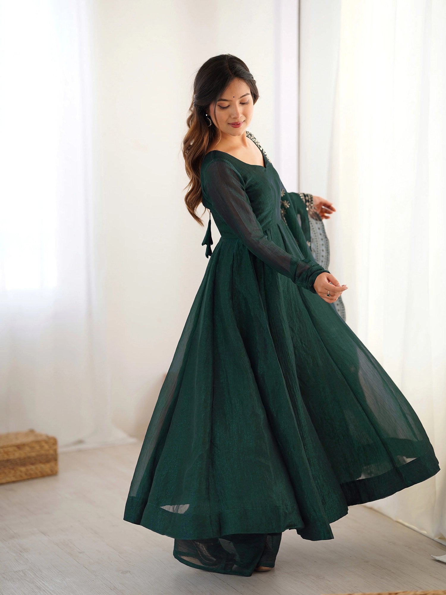 Vichitra Embroidered Green Kurta with Pant and Dupatta Set
