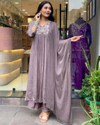 Embroidered Chinnon Purple Kurta with Pant and Dupatta Set