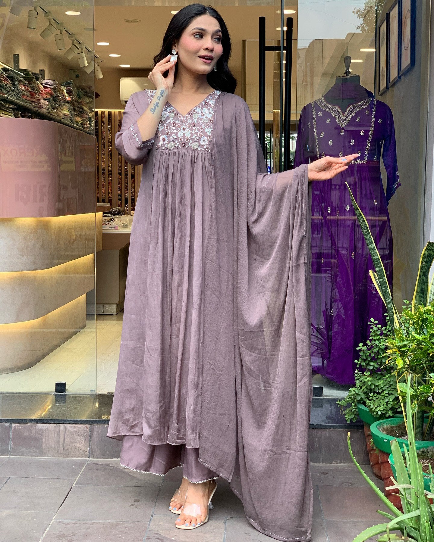 Embroidered Chinnon Purple Kurta with Pant and Dupatta Set