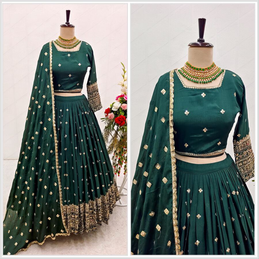 Women's Embroidered Sequins Lace Chinnon Lehenga with Dupatta Set