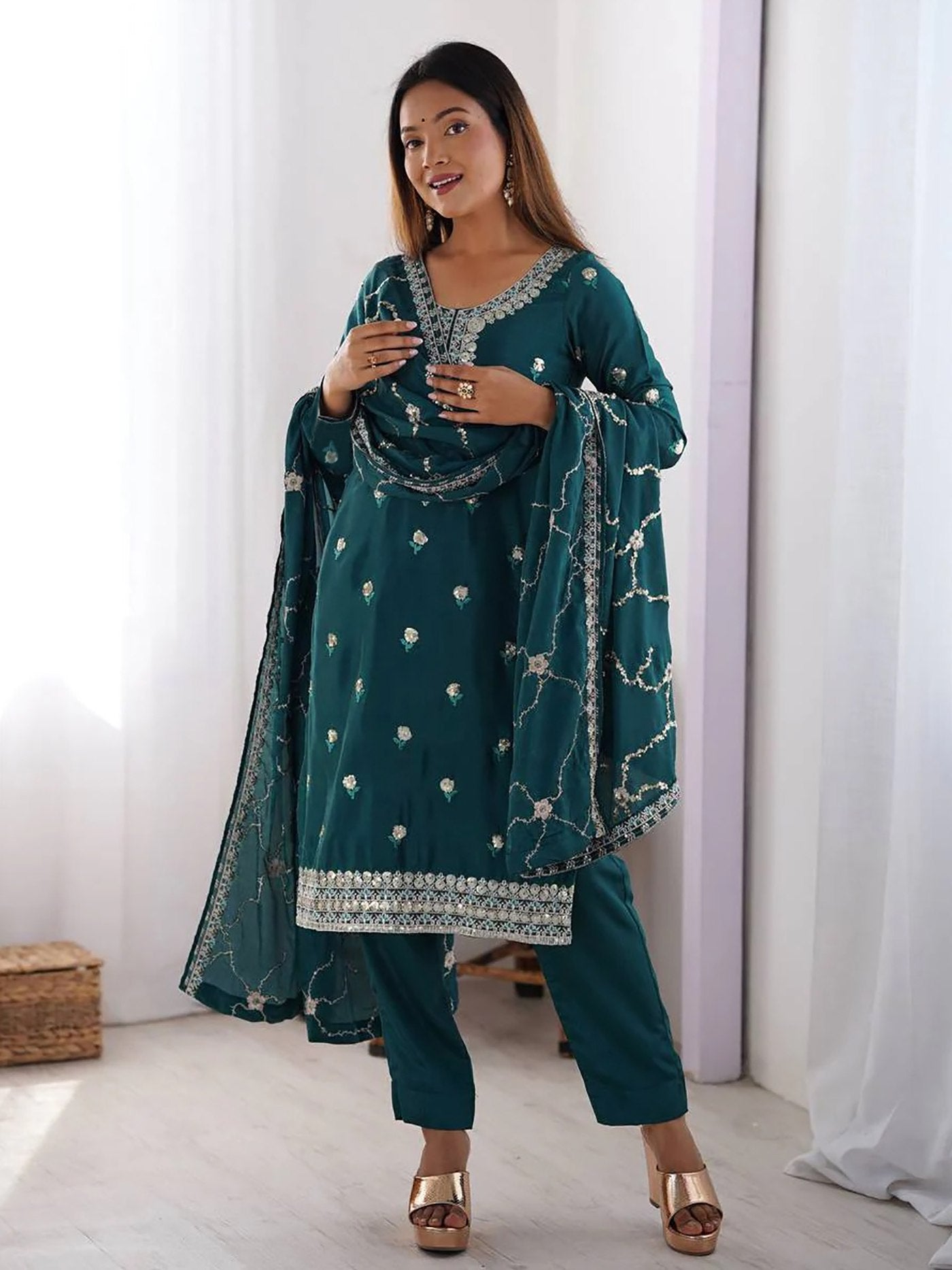 Teal Embroidered Cotton Silk Kurta Set with Dupatta