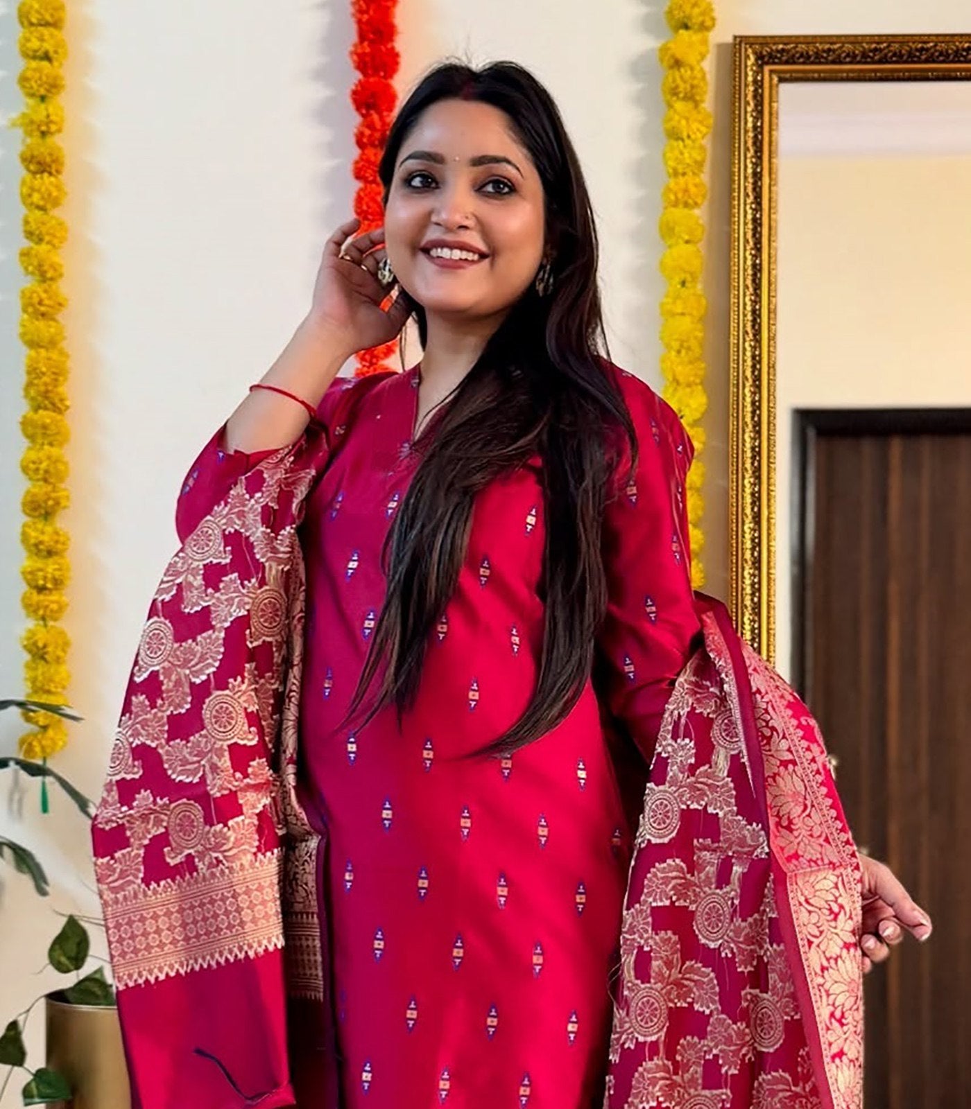 Trendy Jacquard Kurta with Pant and Dupatta Set