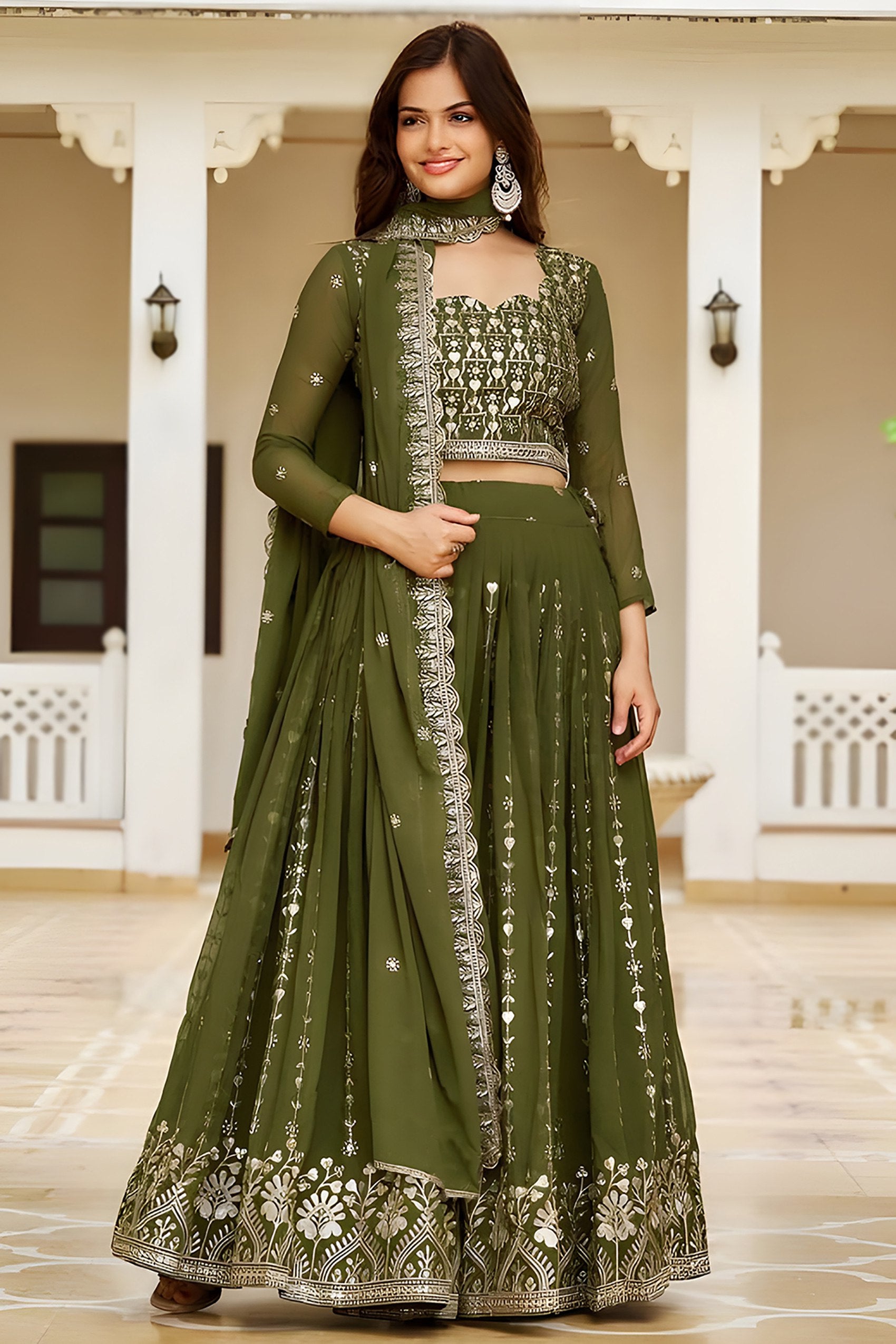 Mehendi Georgette Embroidered Sequins Lace Lehenga with Dupatta Set