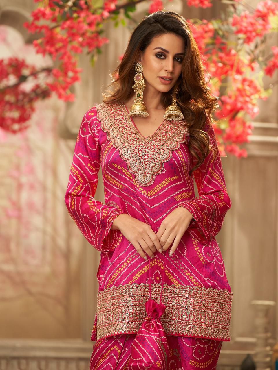 Pink Embroidered Heavy Chinnon Kurta Set