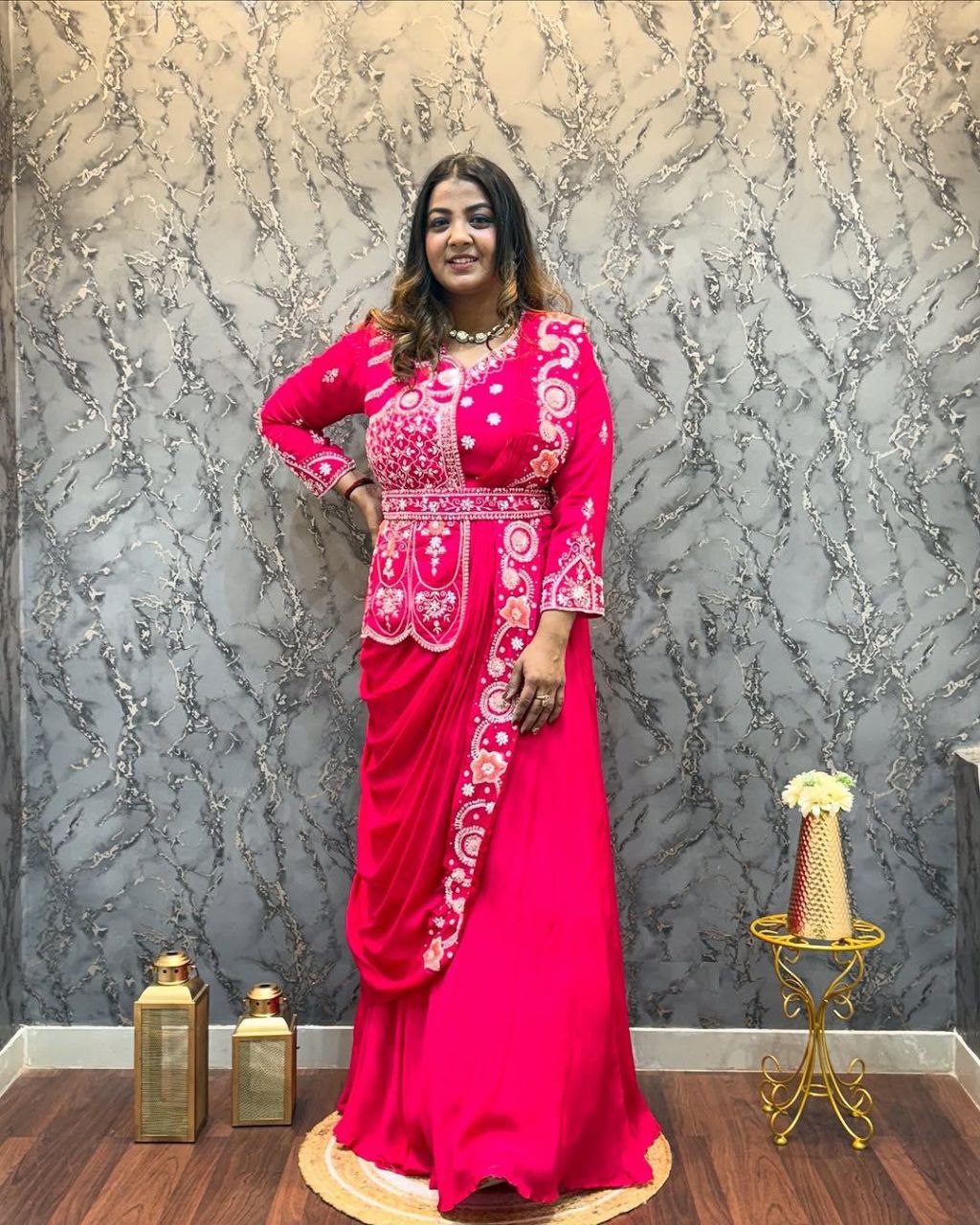 Designer Royal Blue Saree-Style Gown with Attached Embroidered Jacket