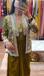 Embroidered Indo-Western Draped Skirt & Crop Top with Blazer Jacket