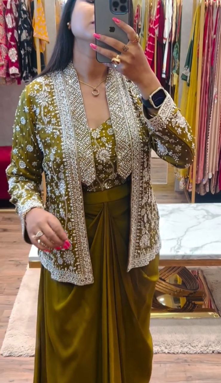 Embroidered Indo-Western Draped Skirt & Crop Top with Blazer Jacket