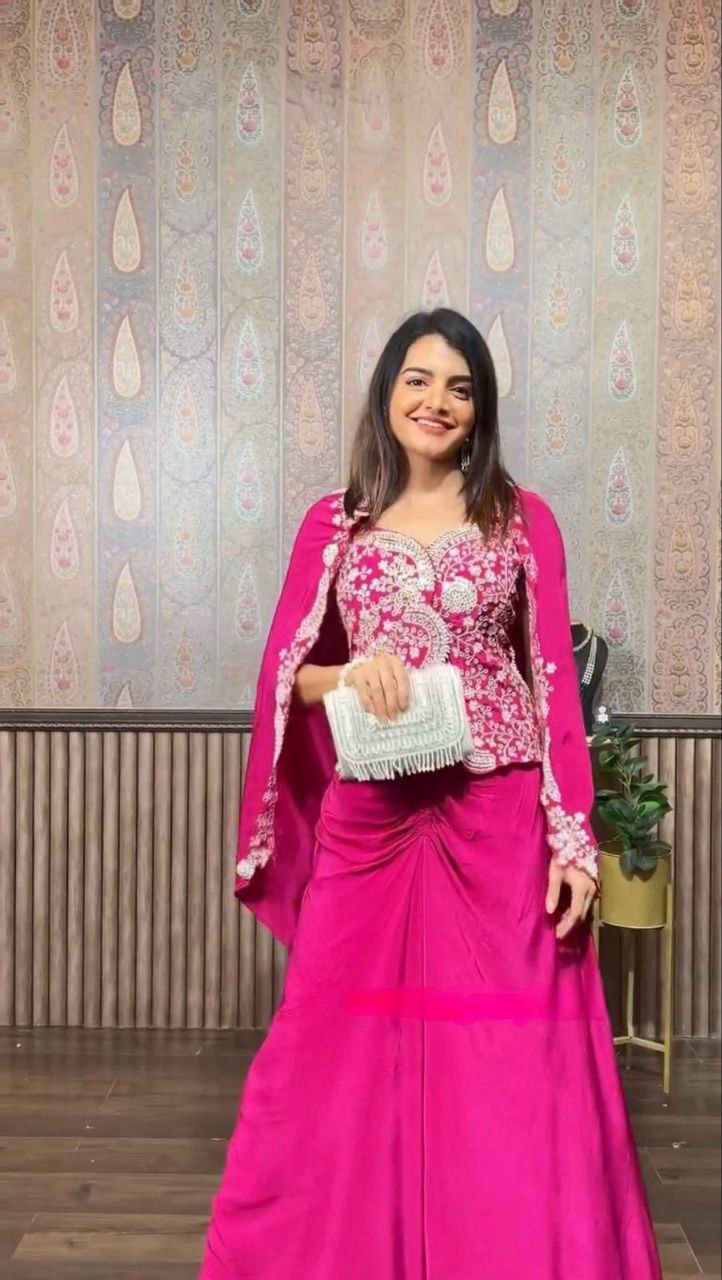 3-Piece Wine Color Sharara Suit with Heavy Embroidered Shrug and Crop Top