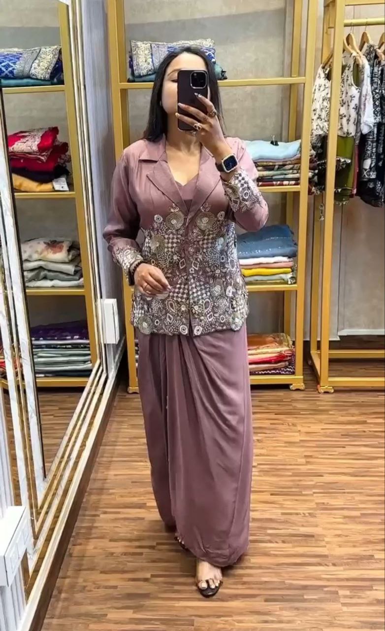 Indo-Western Draped Skirt & Crop Top with Embroidered Blazer Jacket