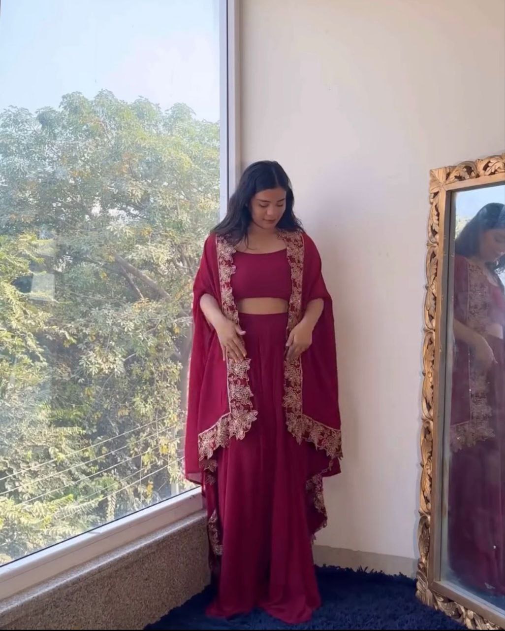 3-Piece Wine Color Sharara Suit with Heavy Embroidered Shrug and Crop Top