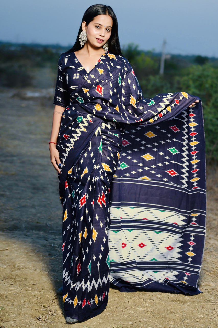 Ikkat Printed Mulmul Cotton Saree for Woman