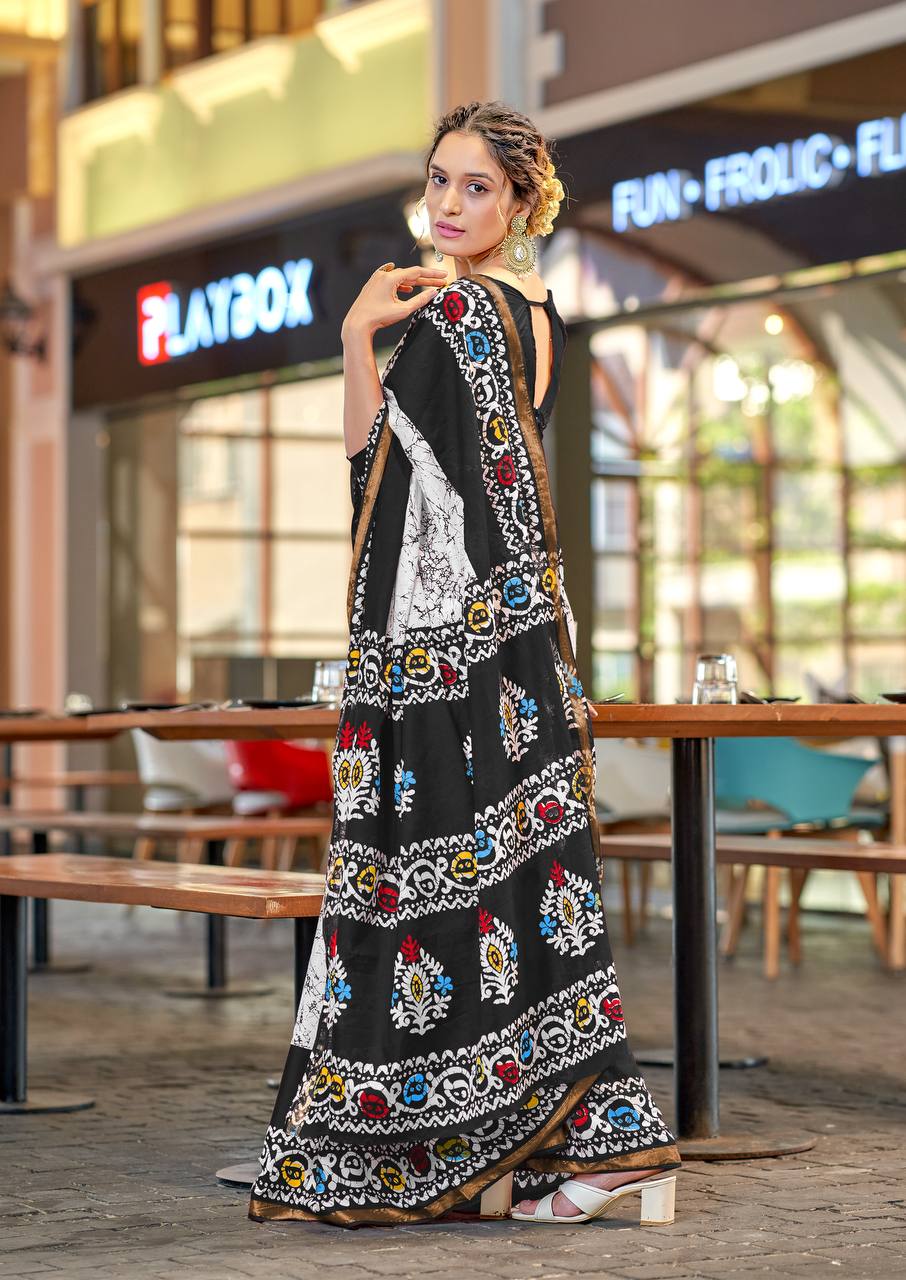 Elegance Mulmul Cotton Zari Border Printed Saree