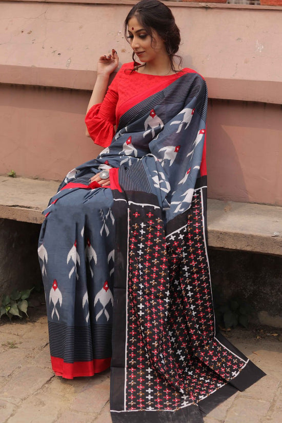 Mulmul Cotton Ikkat Print Saree