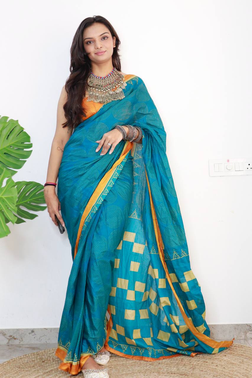 Mulmul Cotton Bandhni Hand Block Print Saree