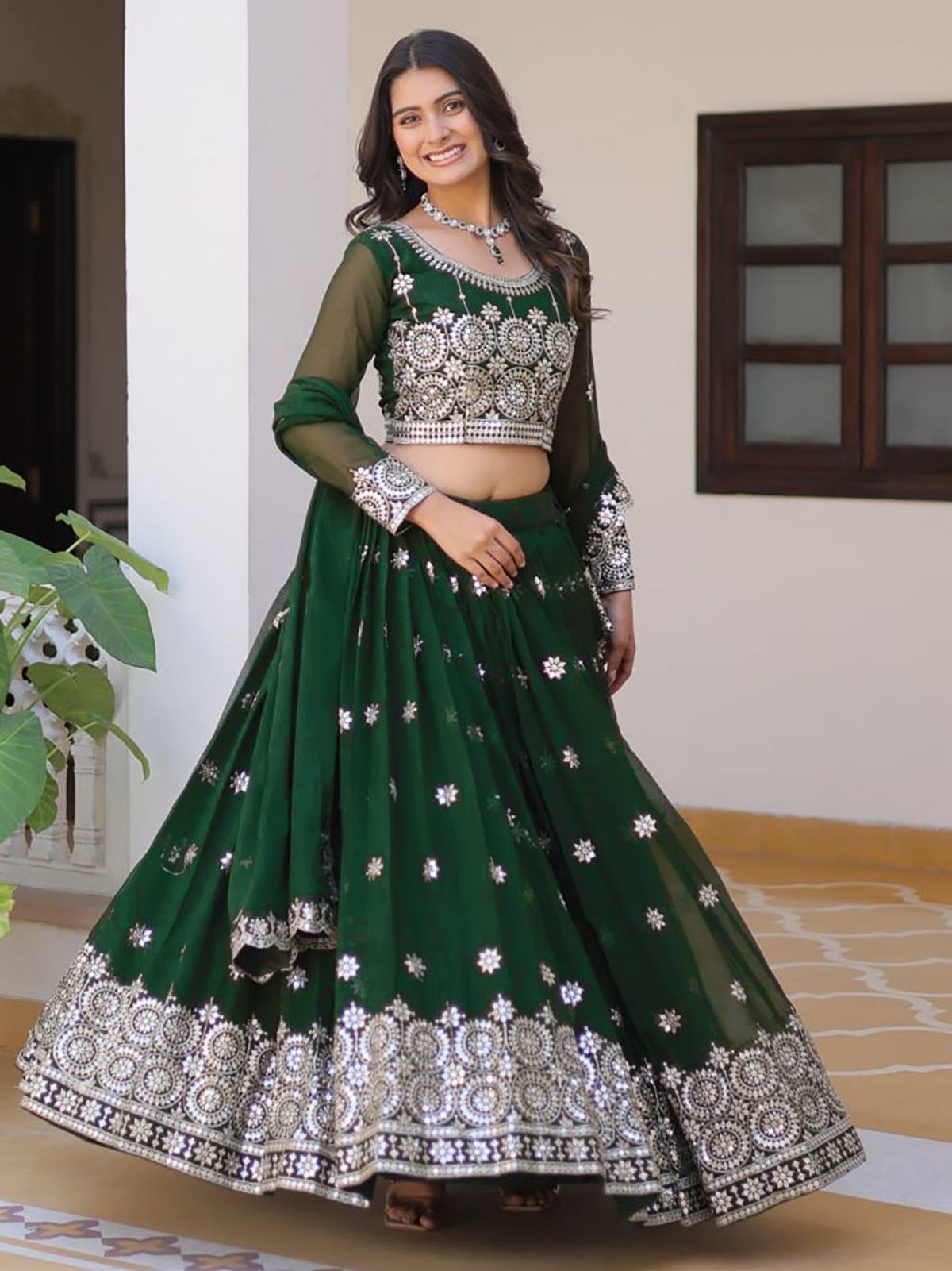 Georgette Semi-Stitched Lehenga with Thread Work & Embroidered Dupatta Set