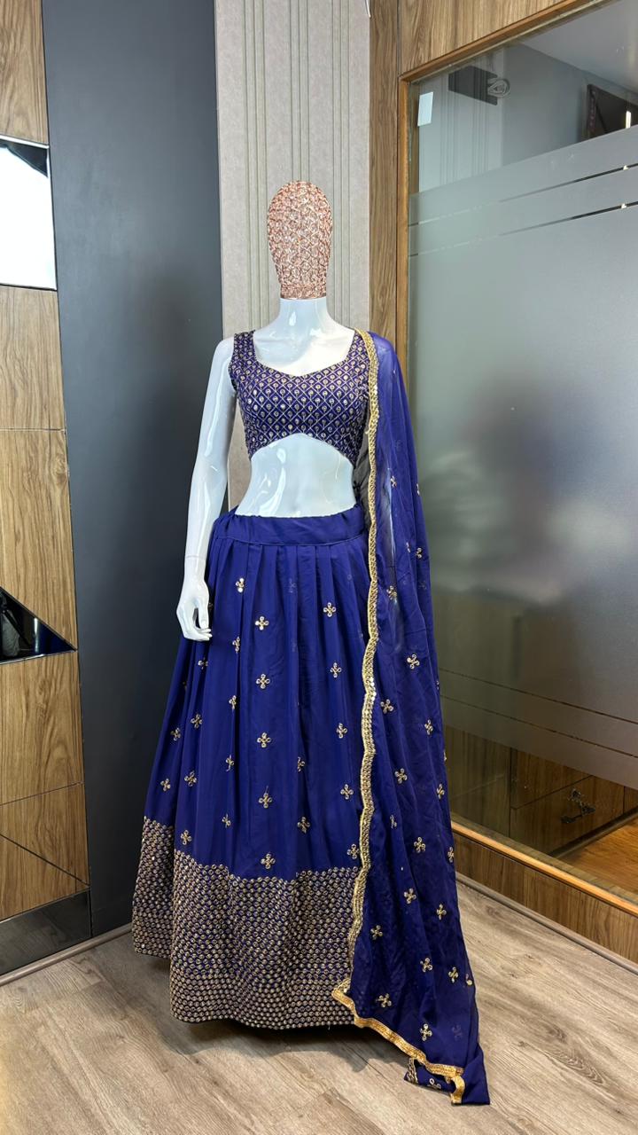 Georgette Embroidered Zari Cutwork Lehenga with Dupatta Set