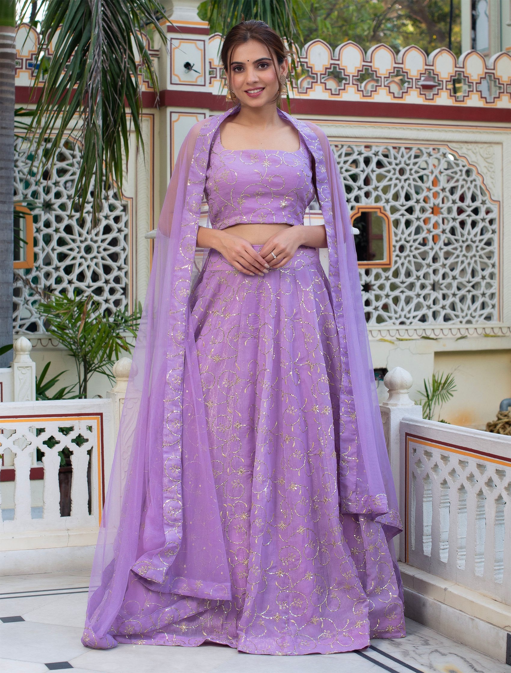 Woman's Georgette Embroidered Sequins Lace Lehenga with Dupatta Set