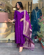 Purple Chinnon Embroidered Kurta with Pant and Dupatta Set