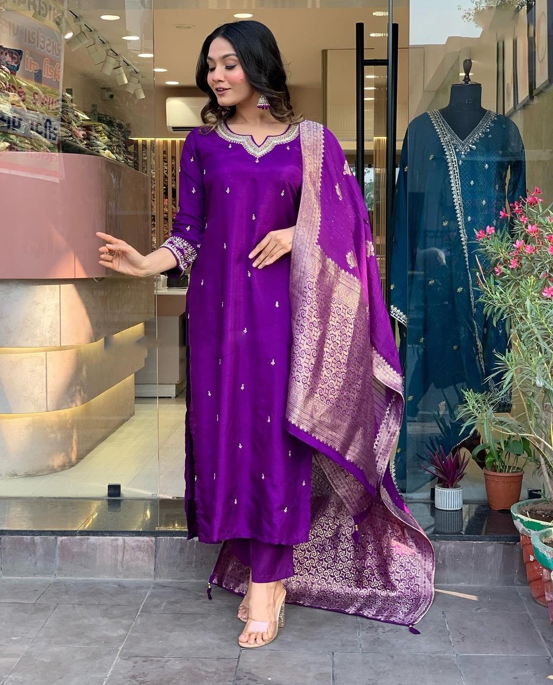 Purple Chinnon Embroidered Kurta with Pant and Dupatta Set