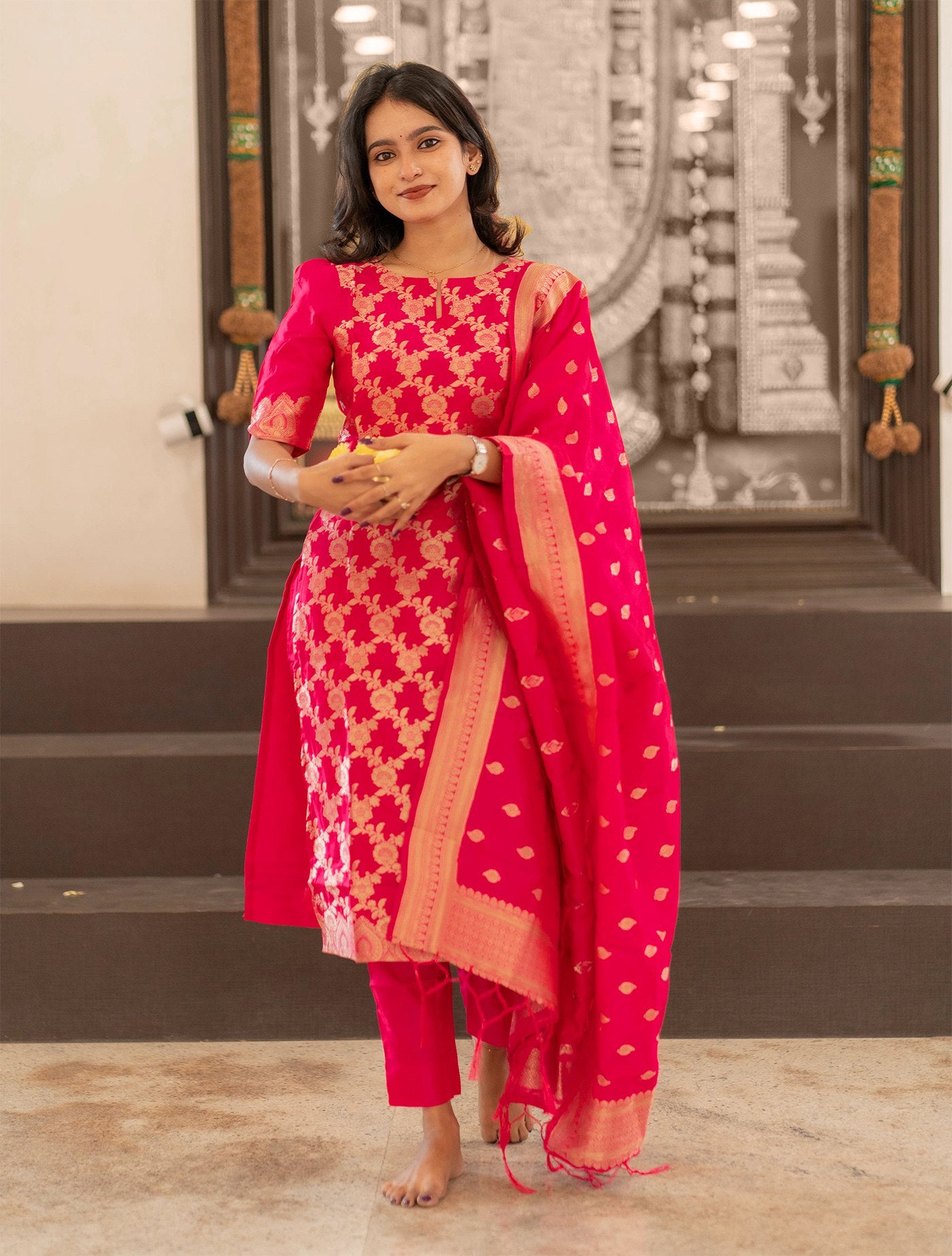 Pink Jacquard Embroidered Kurta with Pant and Dupatta Set