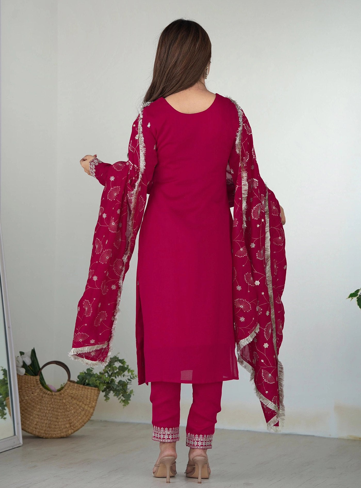 Georgette Embroidered Pink Kurta with Pant and Dupatta Set