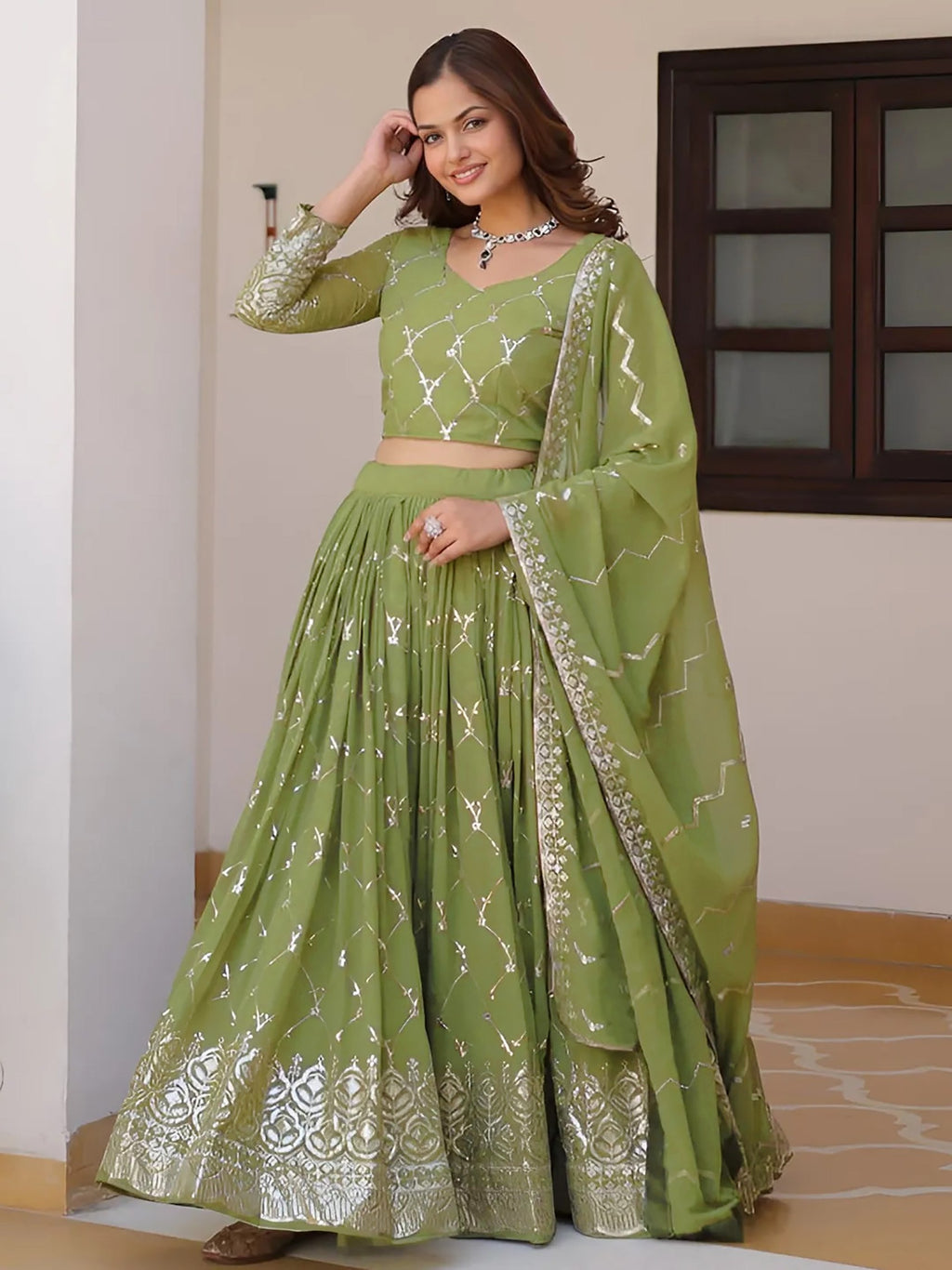Mehendi Georgette Embroidered Sequins Lace Lehenga with Dupatta Set