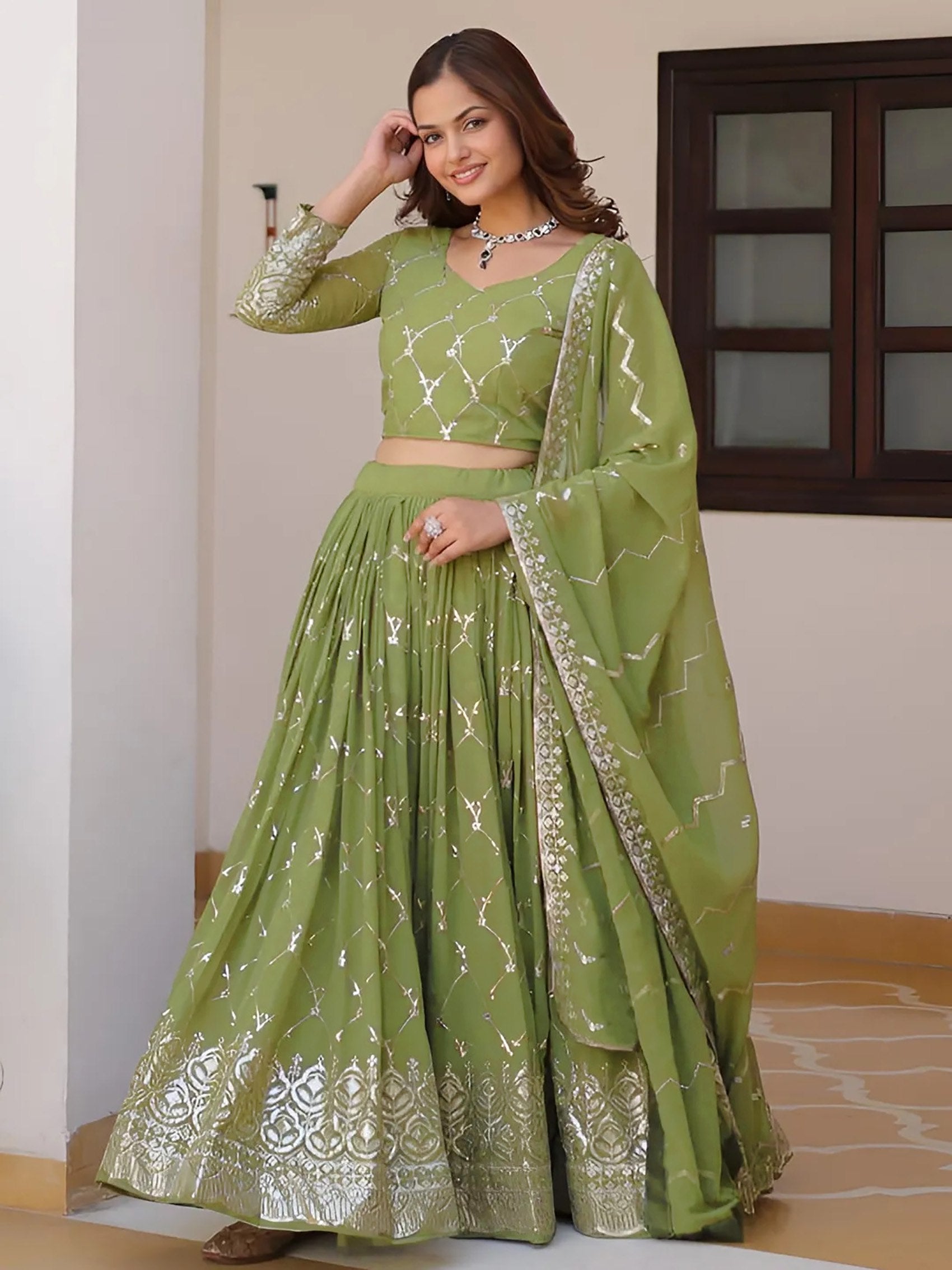 Mehendi Georgette Embroidered Sequins Lace Lehenga with Dupatta Set