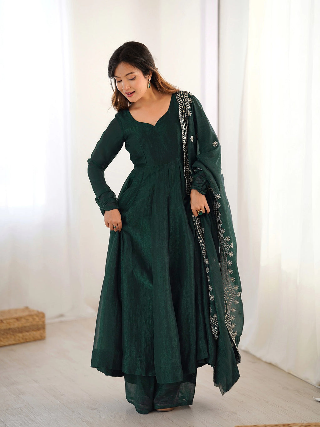 Vichitra Embroidered Green Kurta with Pant and Dupatta Set
