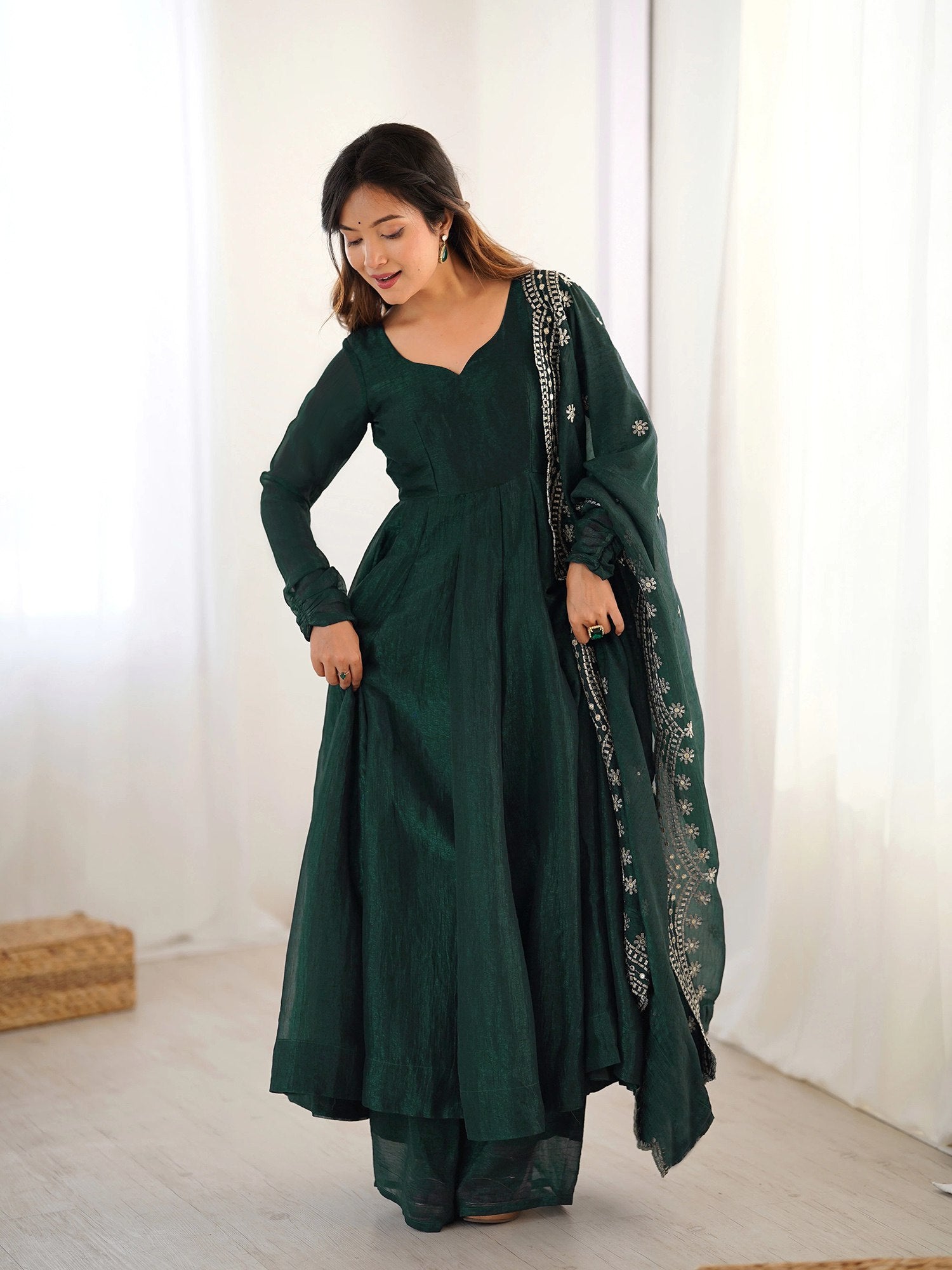 Vichitra Embroidered Green Kurta with Pant and Dupatta Set