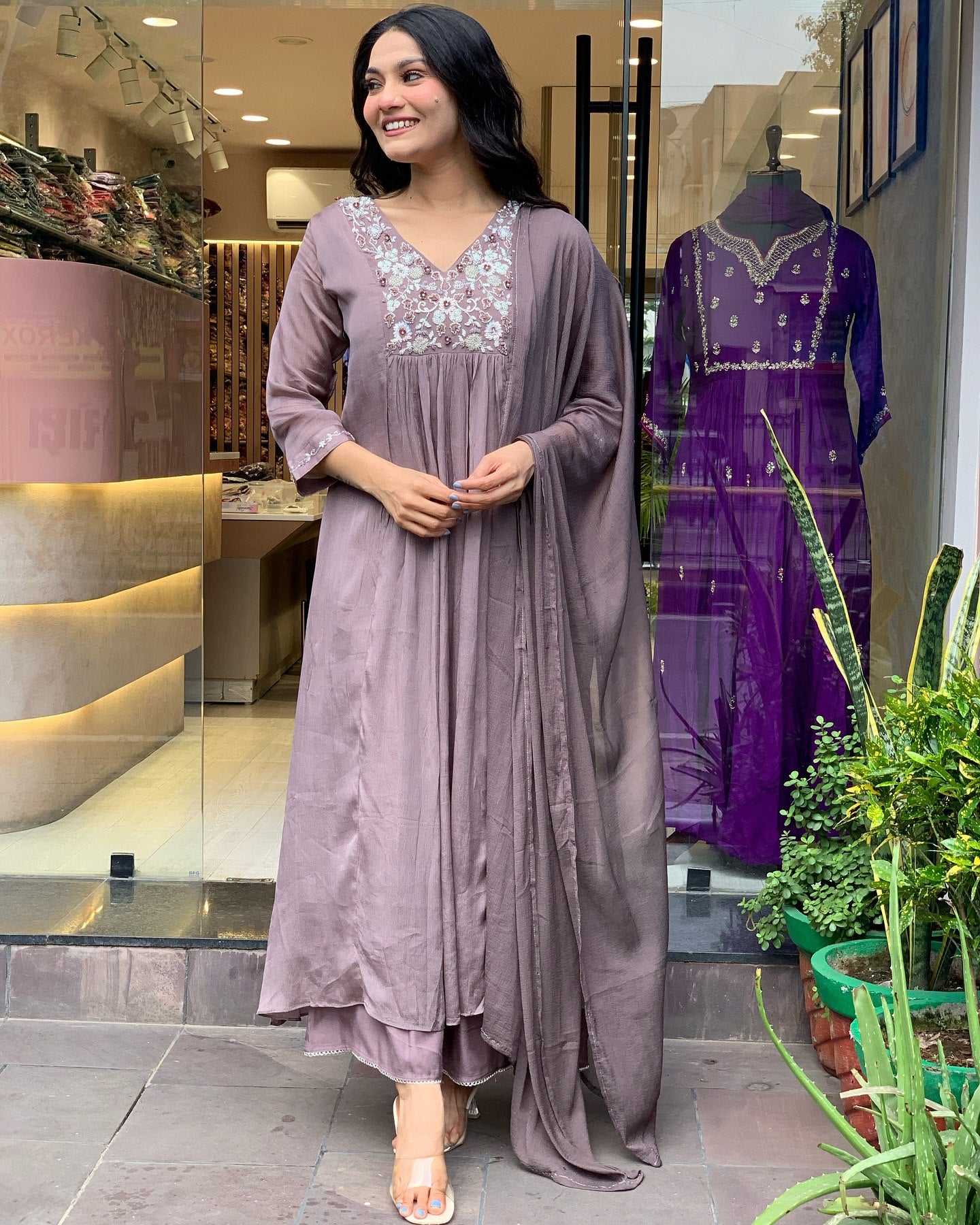 Embroidered Chinnon Purple Kurta with Pant and Dupatta Set