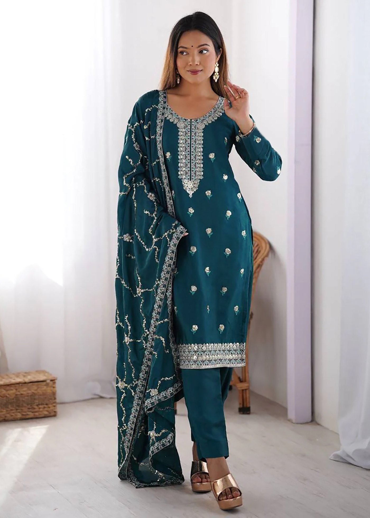 Teal Embroidered Cotton Silk Kurta Set with Dupatta