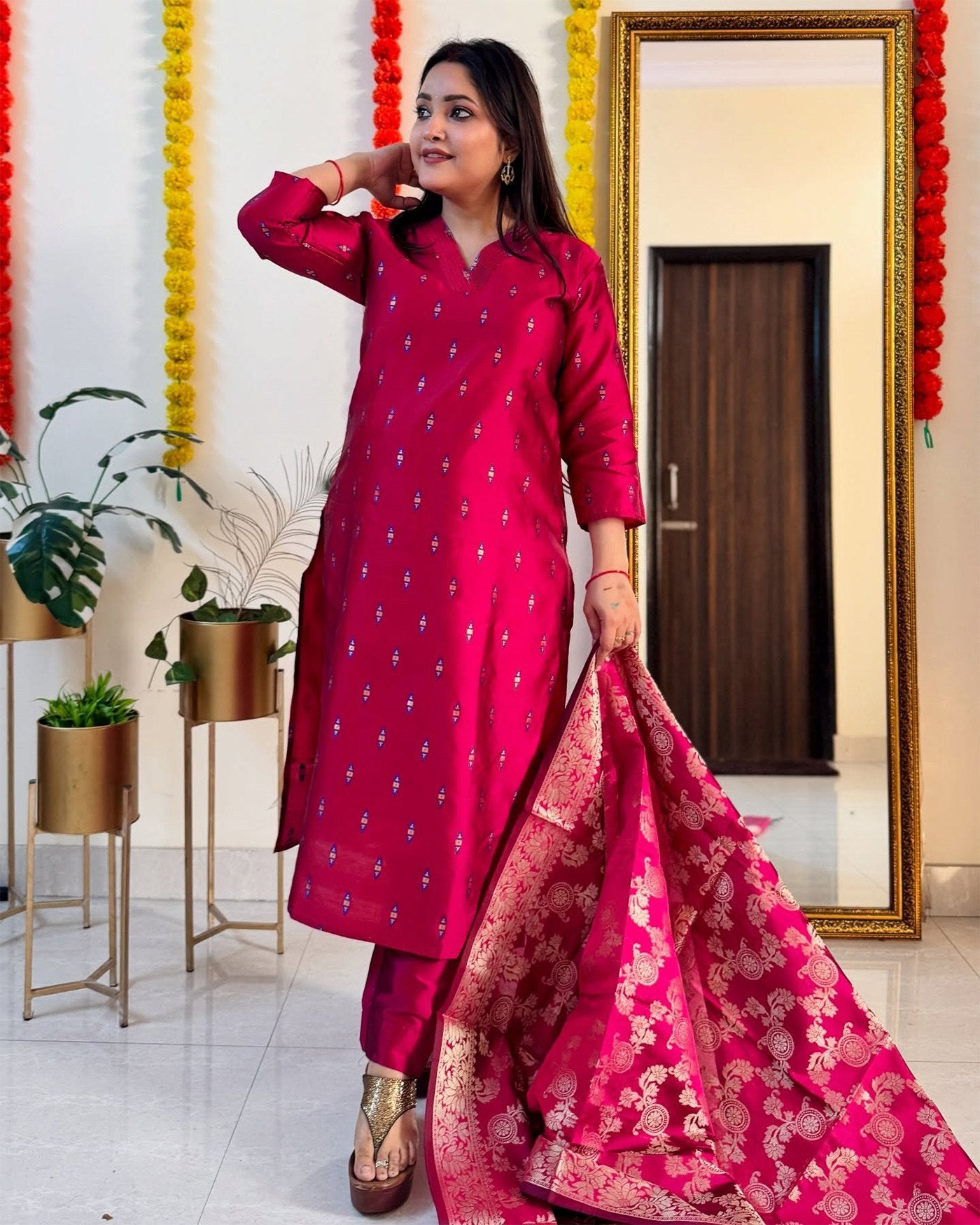 Trendy Jacquard Kurta with Pant and Dupatta Set